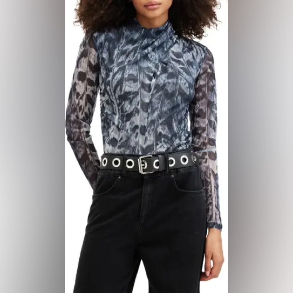 AllSaints Tia Long Sleeve Mesh Top in Inez Blue - US 4